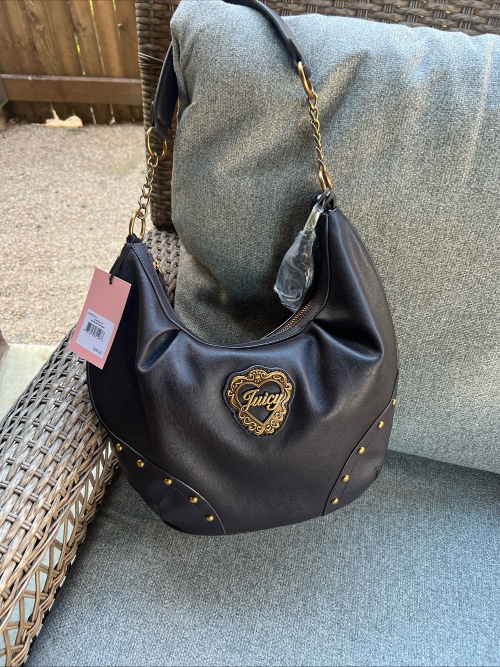 Coquette NWT Juicy Couture Juicy Era Hobo Bag Brown Gold Studded Heart Purse Y2K